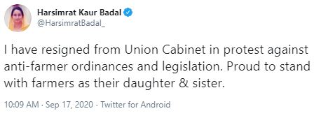 Tweet posted by India's minister for food processing ﻿Harsimrat Kaur Badal