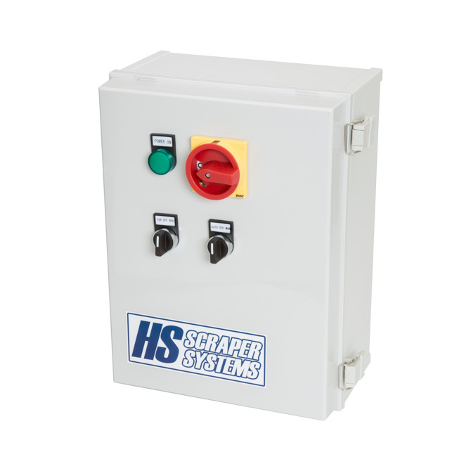 Hog Slat’s Automatic Pit Scraper Controller allows users to automatically operate pit scraper systems, while also maintaining the ability to manually control the system as needed.