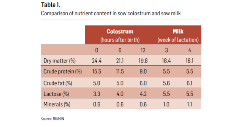 Table 1. Comparison of nutrient content in sow colostrum and sow milk