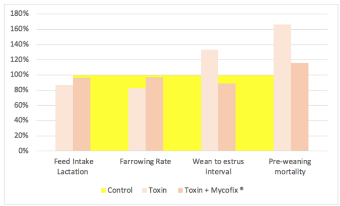 Figure 5. Effects of ZEN and DON on reproductive indices. The yellow area represents the control group, presented as 100 percent performance.