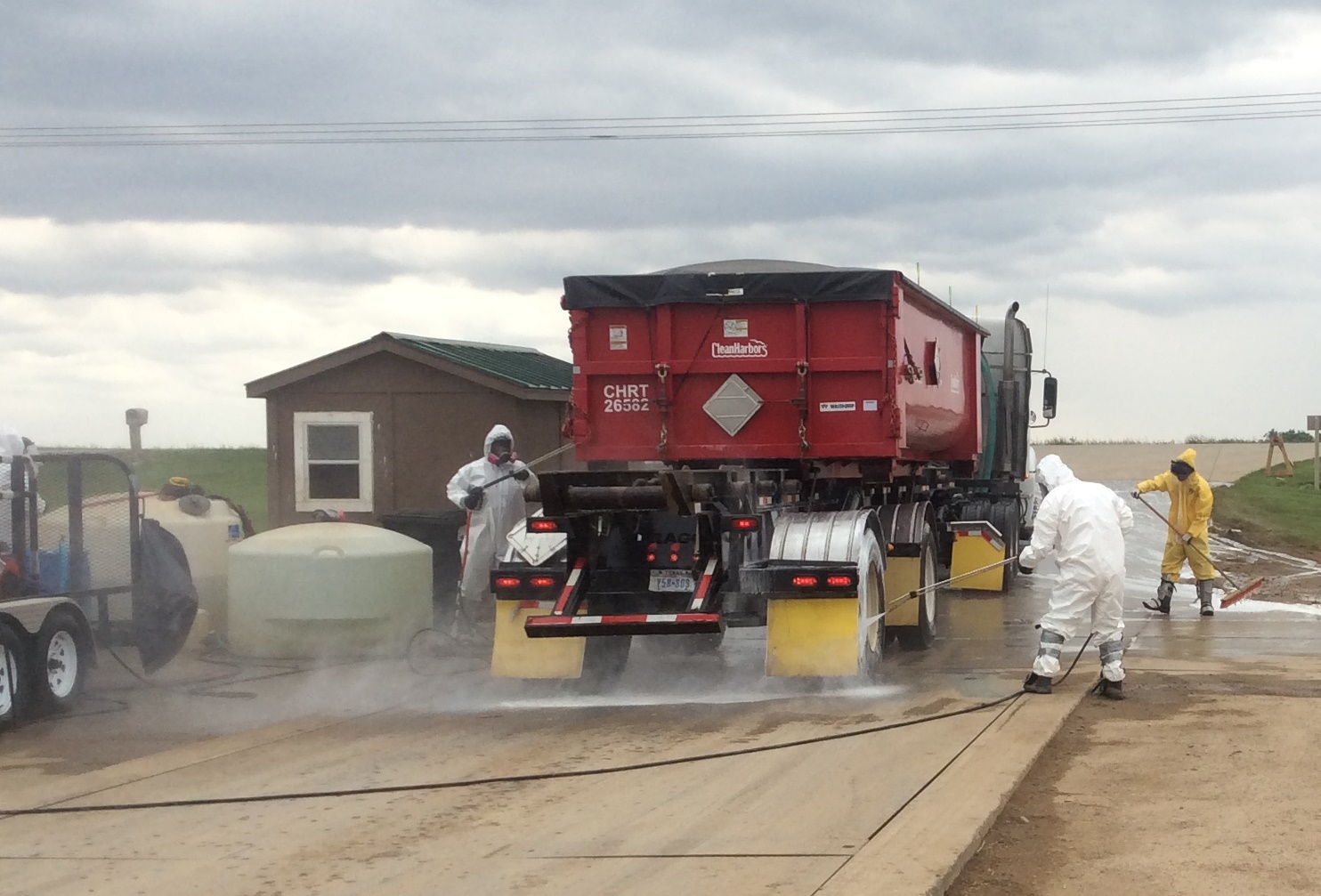 disinfection process of a feed truck entering a farm