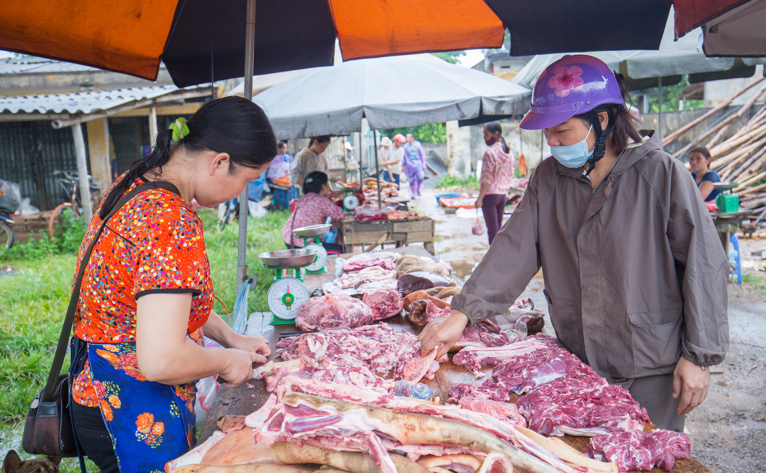 Two women looking at meat in a wet market