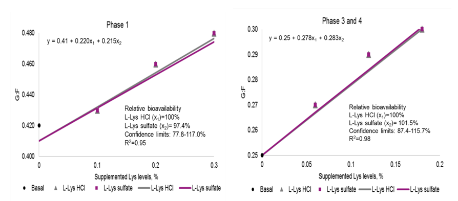 Figure 1. Relative bioavailability of L-Lys sulfate compared with L-Lys HCl for G:F.