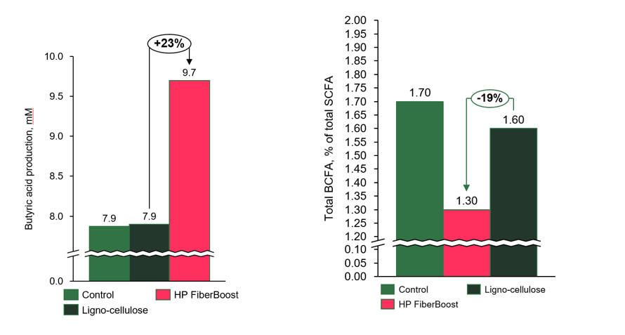 Figure 1.  Butyric acid production increased by 23% in 15kg piglets when fermenting soluble fibers (left) while protein fermentation was reduced by 19% (right). Control = no fiber, HP FiberBoost = soluble non-starch polysaccharides (NSP), Lignocellulose = insoluble NSP, SCFA = short chain fatty acids, BCFA = branched chain fatty acids