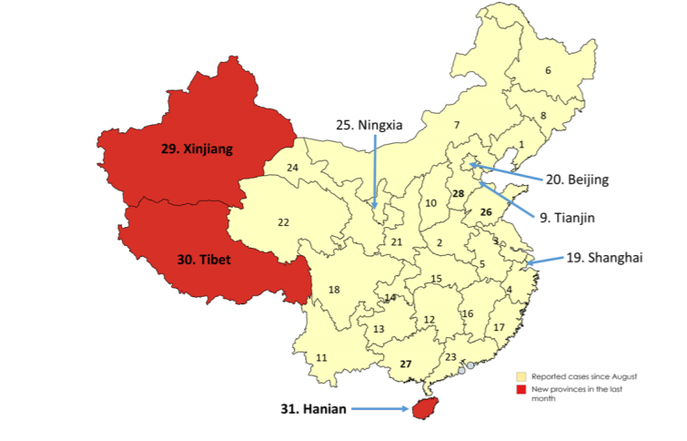 Map. 2: Chinese provinces affected by ASF since August 2018