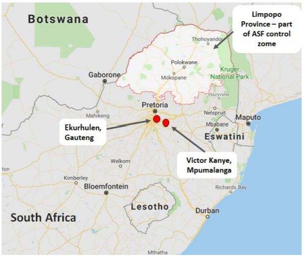 Map. 3: Location of ASF outbreaks outside the control zone in South Africa.