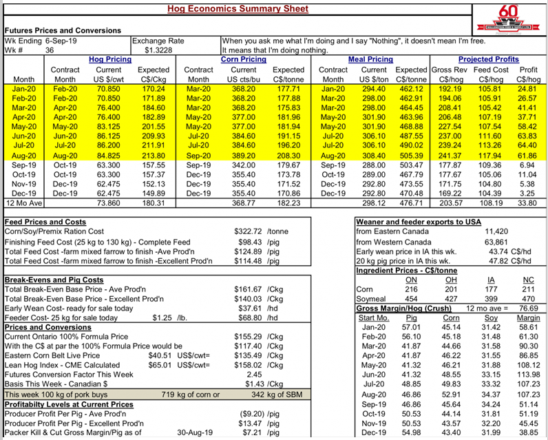 Hog economics report summary sheet
