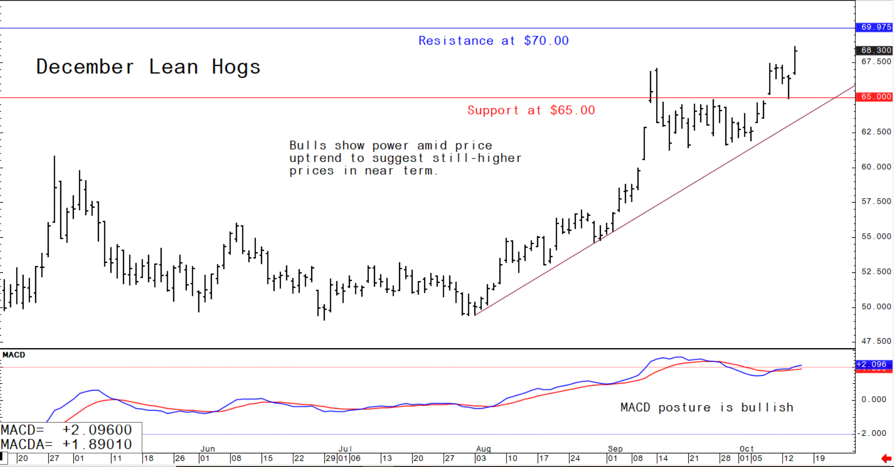 Graph showing the trading trajectory of December lean hog futures