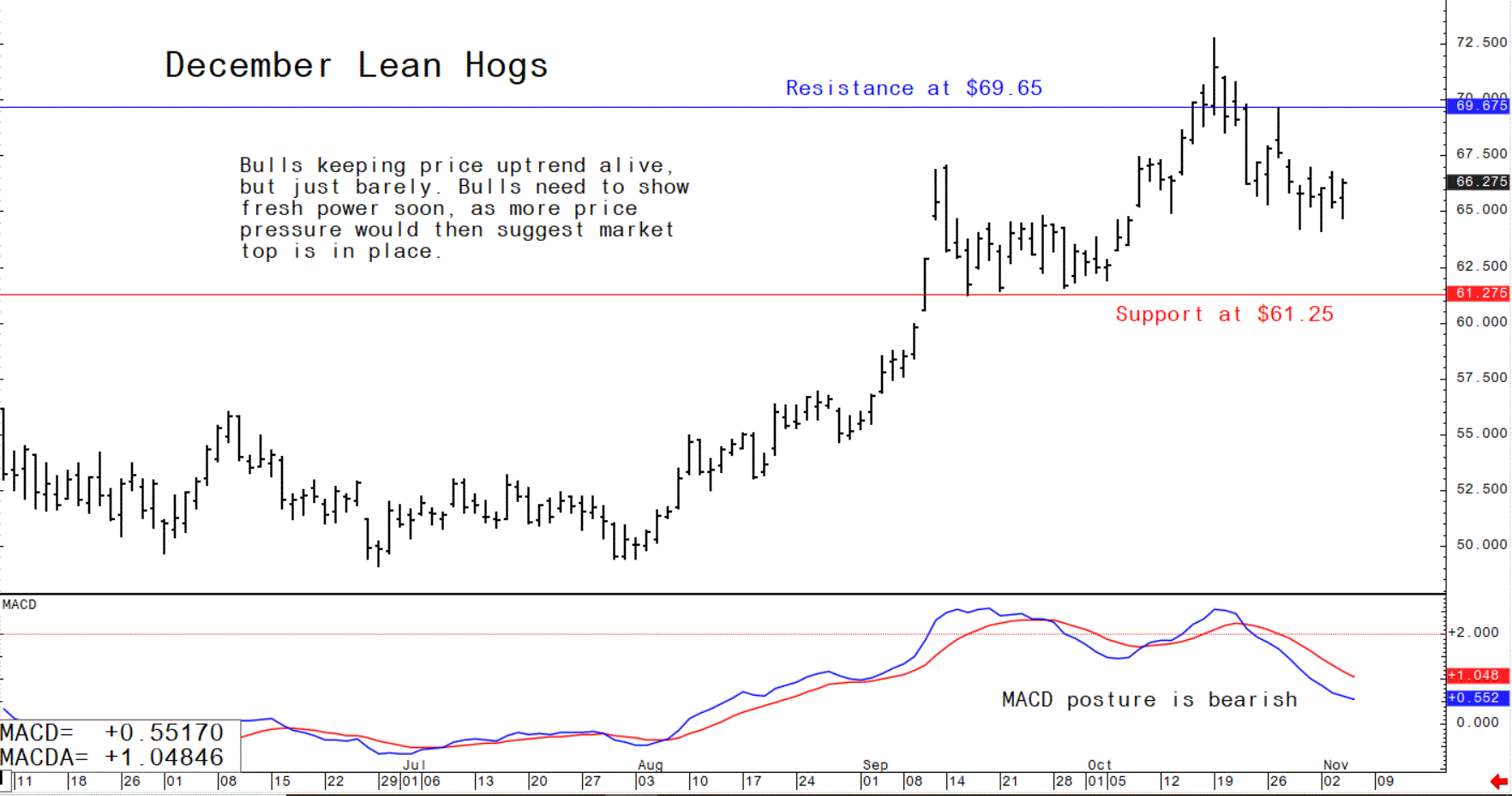 Chart showing the trajectory of US December lean hog futures