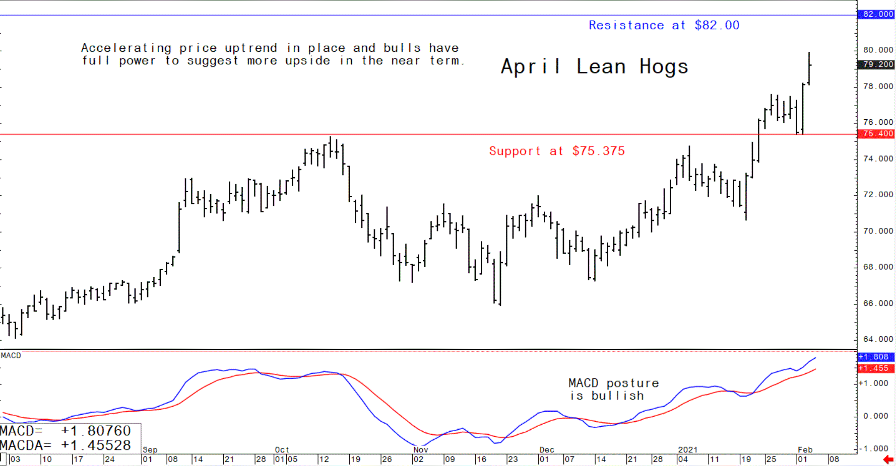 Chart showing the future trading trajectory of US April lean hog futures
