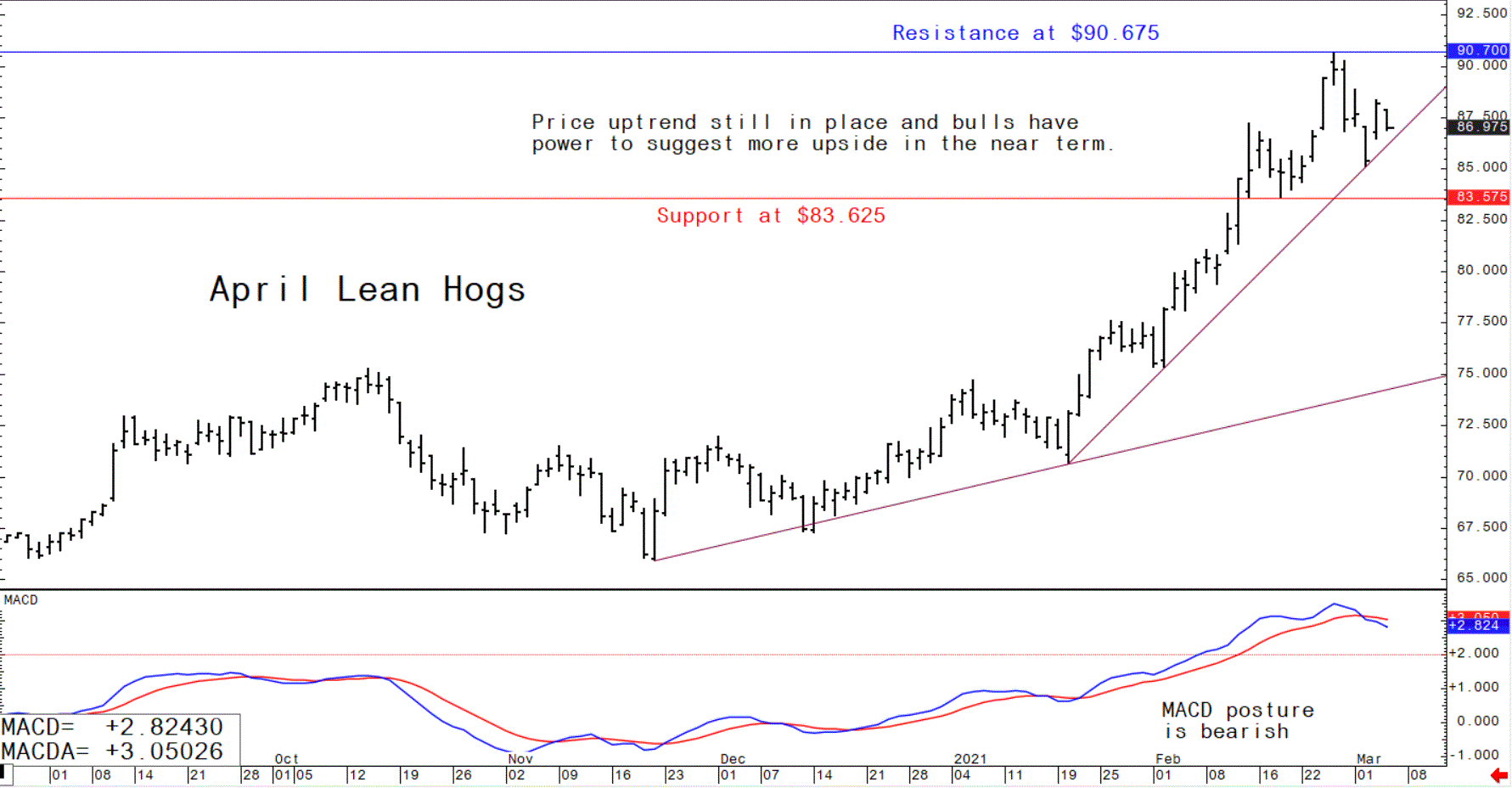 Chart showing the trading trajectory of April US lean hog futures