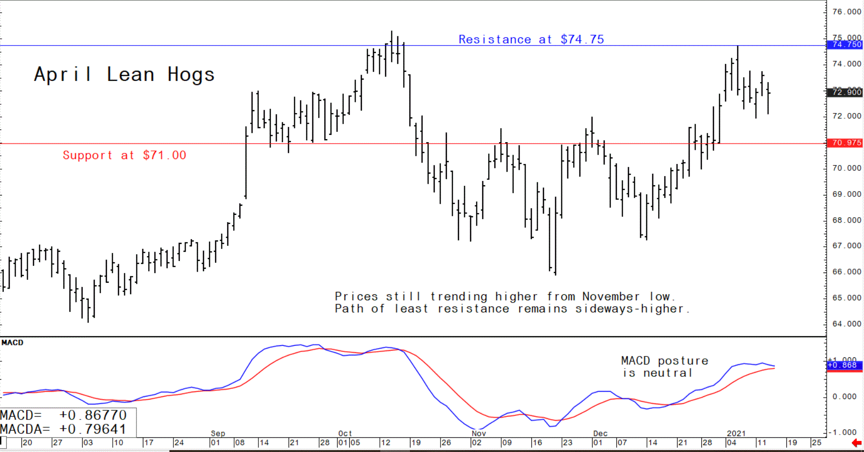 Graph showing the trade trajectory of US April lean hog futures