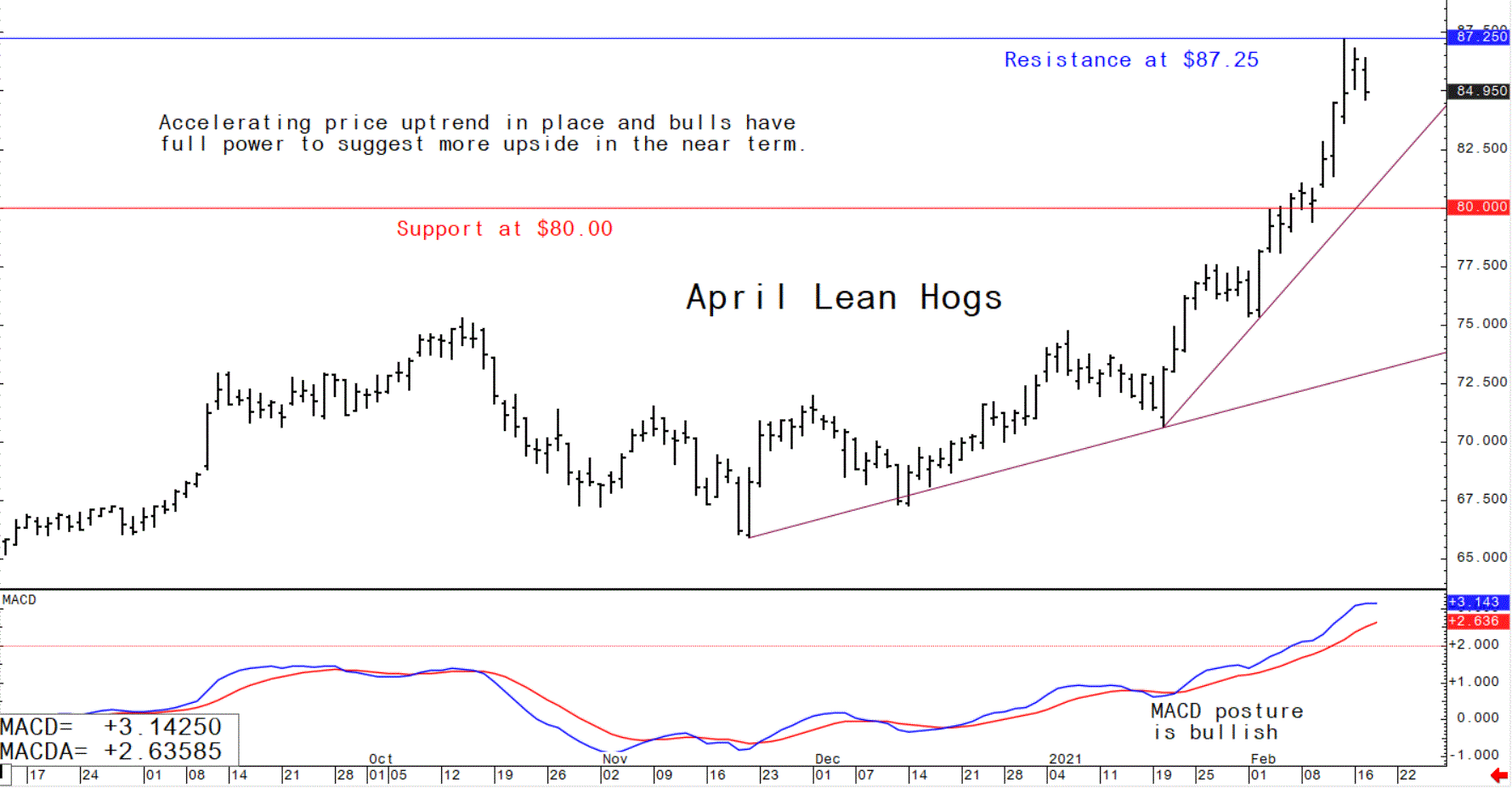 Graph showing the trading trajectory of April US lean hog futures