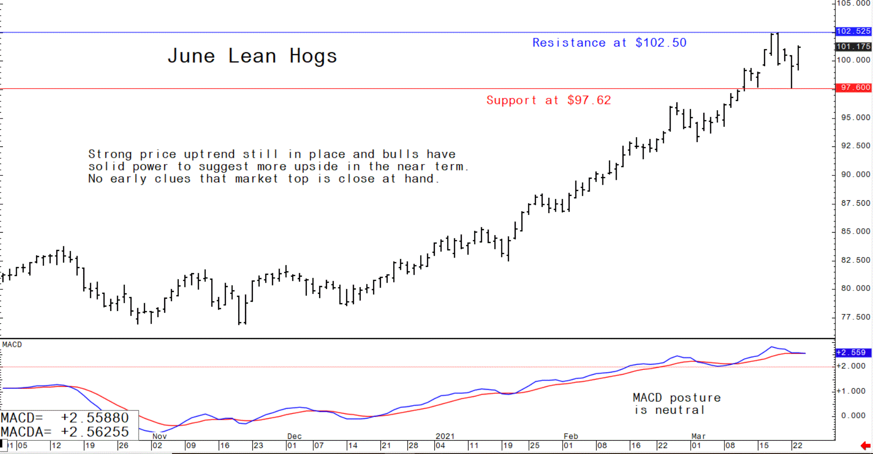 Chart showing the trading trajectory of June US lean hog futures