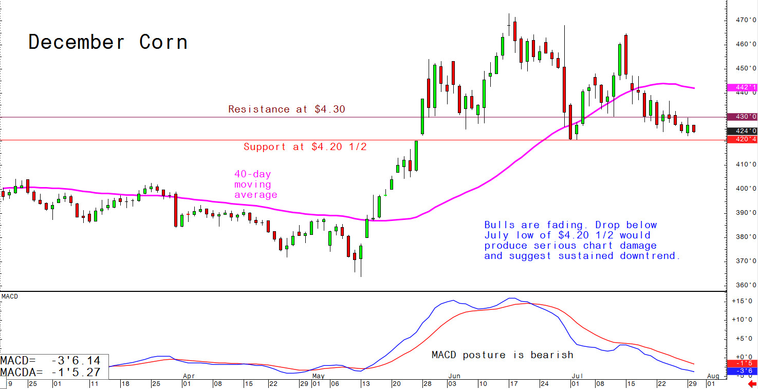 Bulls are fading. Drop below July low of $4.20. 1/2 would produce serious chart damage and suggest sustained downtrend.