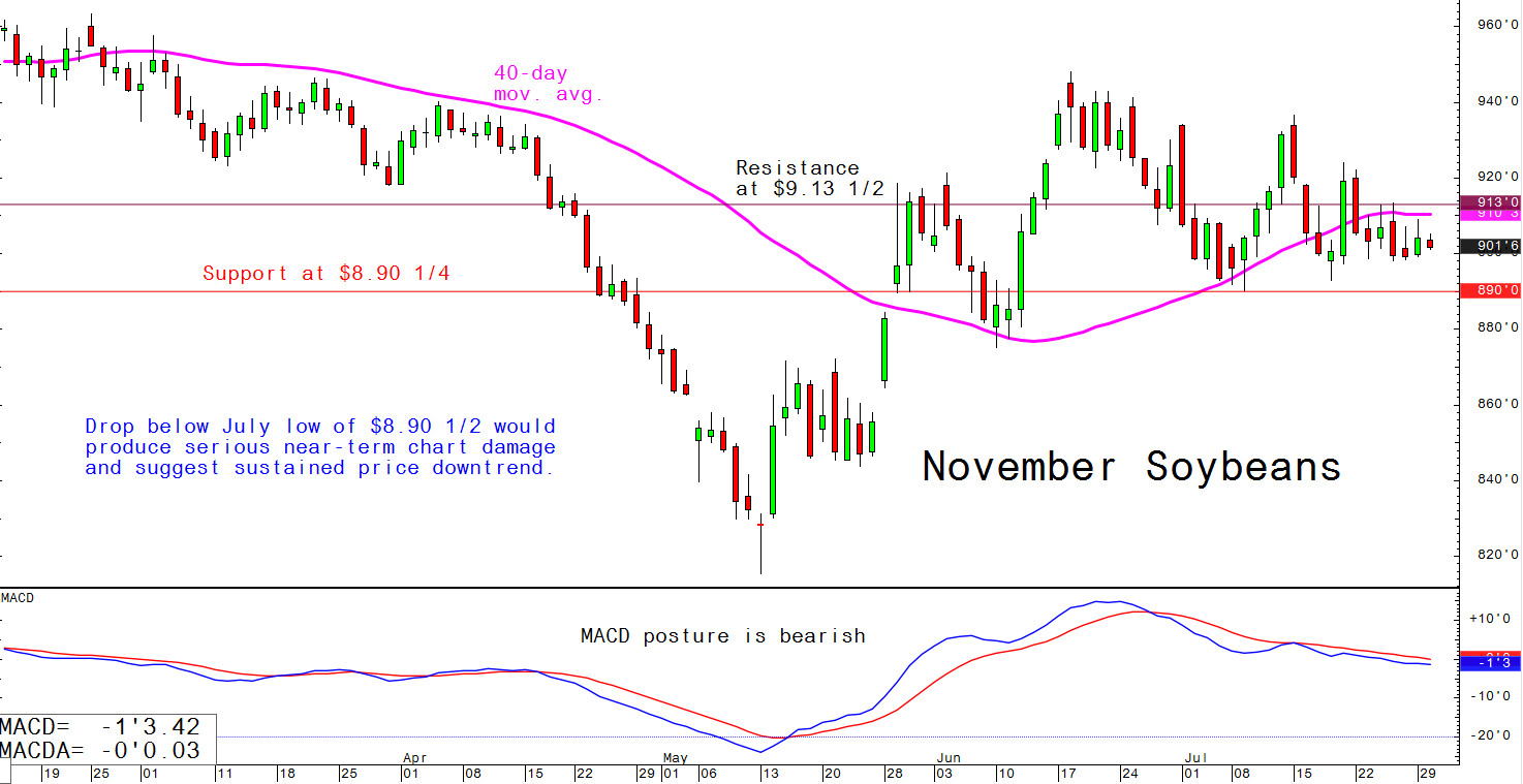 Drop below July low of $8.90. 1/2 would produce serious near term chart damage and suggest a sustained price downtrend.