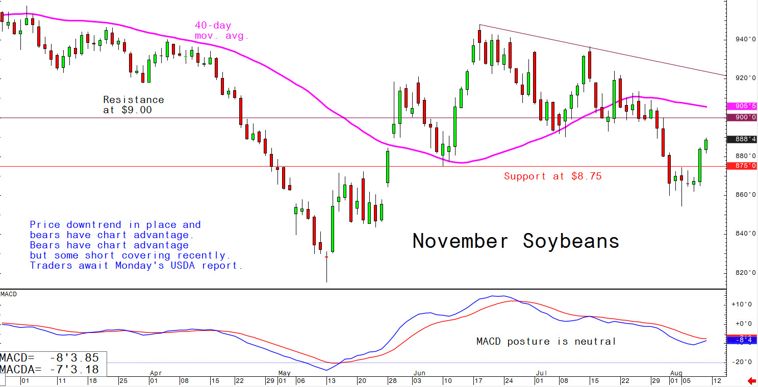 Price downtrend in place and bears have chart advantage. Despite chart advantage, some short ordering recently. Traders await Monday's USDA report.