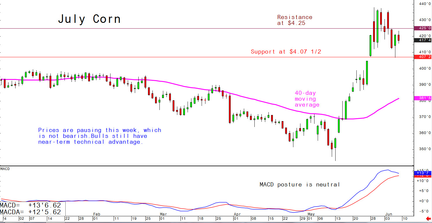 Prices are pausing this week, which is not bearish. Bulls still have near-term technical advantage.