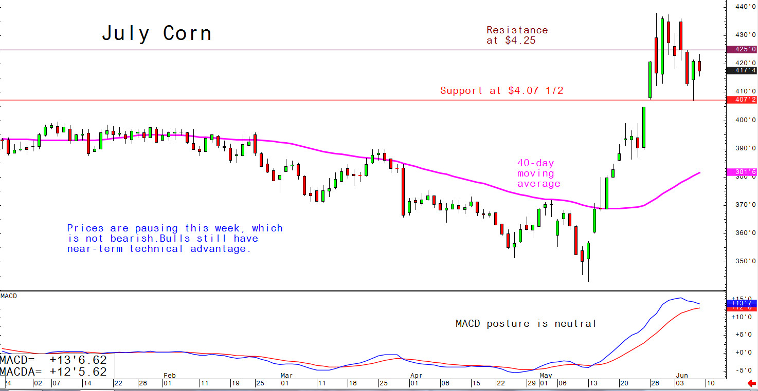 Prices are pausing this week, which is not bearish. Bulls still have near-term technical advantage