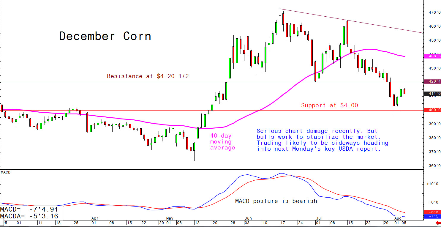 Serious chart damage recently. But bulls work to stabilise the market. Trading likely to be sideways heading into next Monday's key USDA report