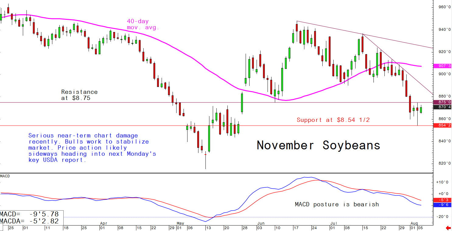 Serious near-term chart damage recently. Bulls work to stabilise market. Price action likely sideways heading into next Monday's key USDA report