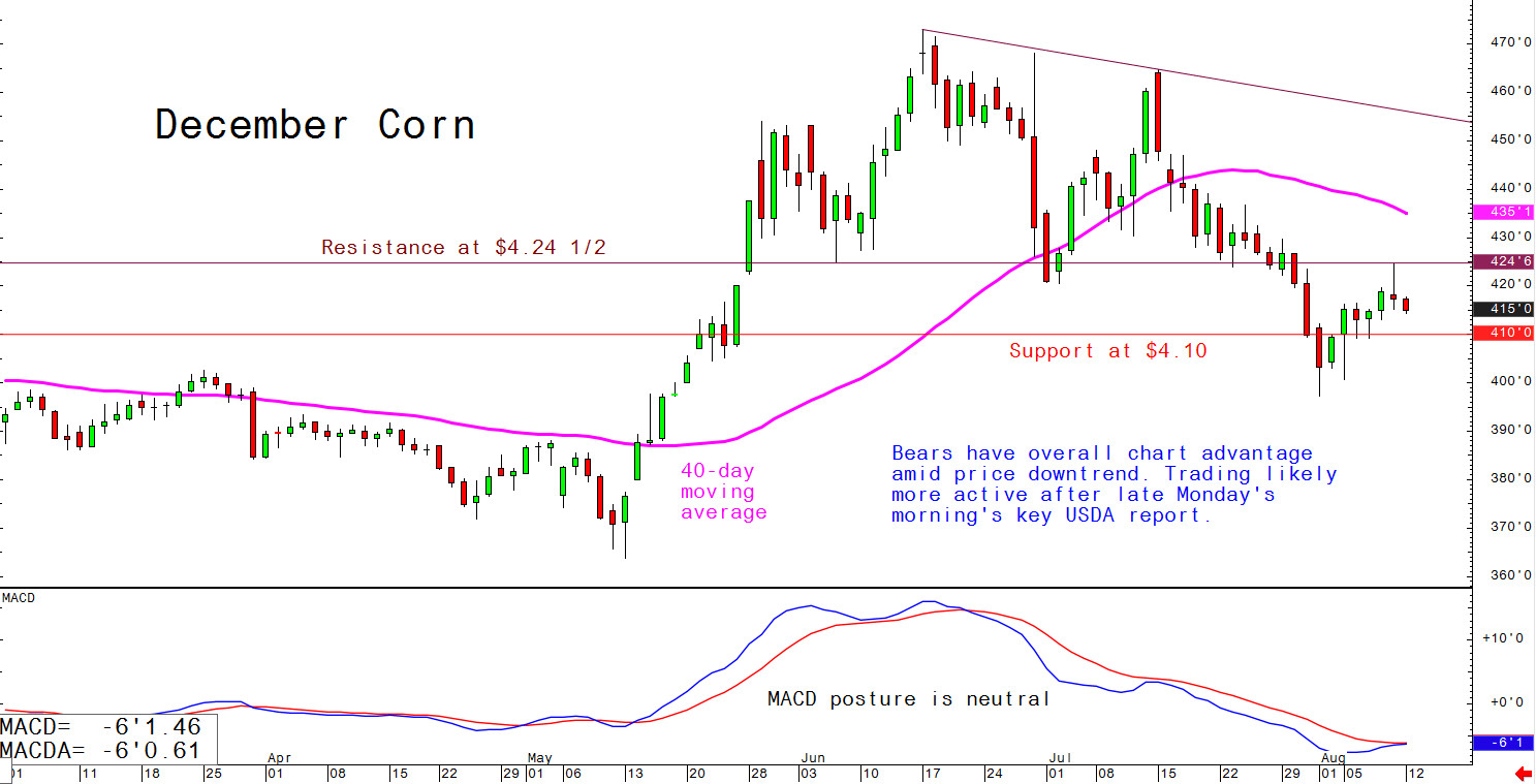 Bears have overall chart advantage amid price downtrend. Trading likely more active after late Monday morning's key USDA report