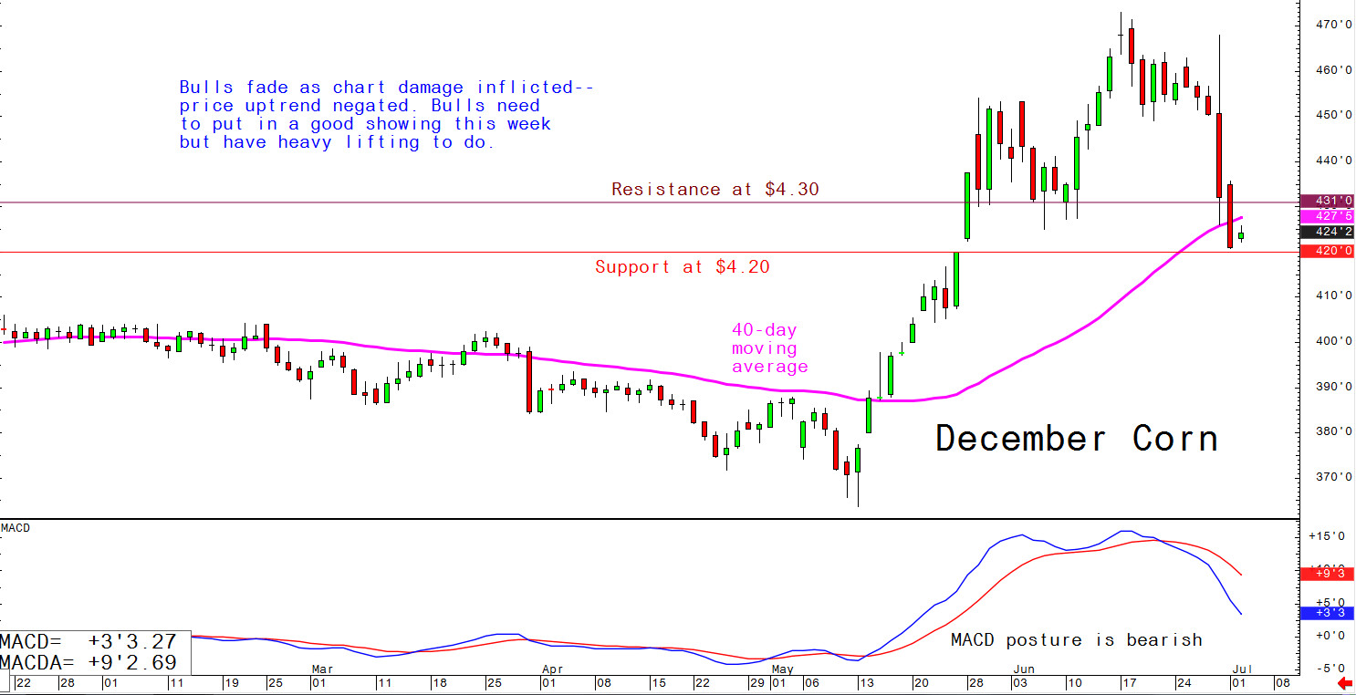 Bulls fade as chart damage inflicted - price uptrend negated. Bulls need to put in a good showing this week but have heavy lifting to do