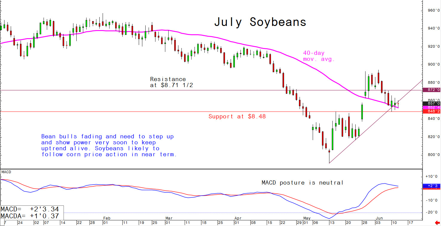 Bean bulls fading and need to step up and show power very soon to keep uptrend alive. Soybeans likely to follow corn price action in near term