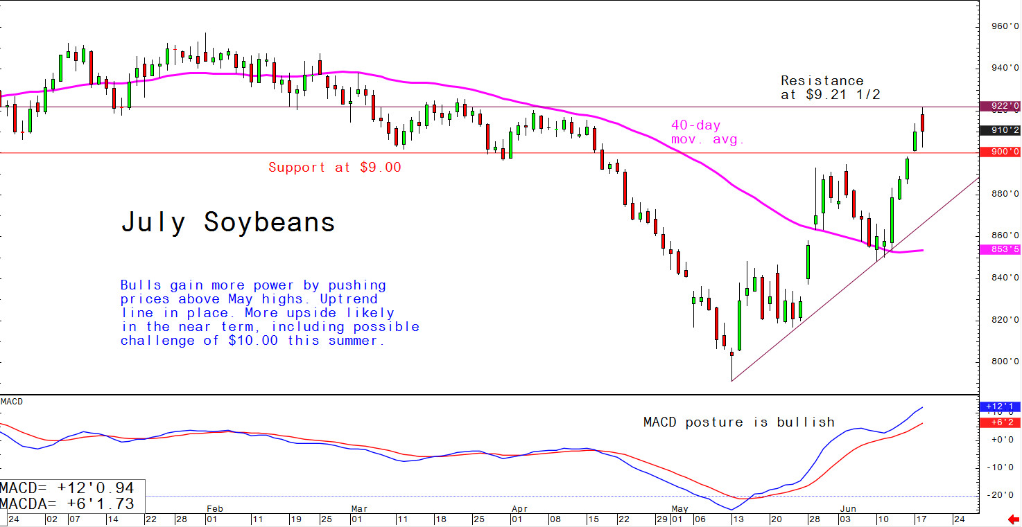 Bulls gain more power by pushing prices above May highs. Uptrend line in place. More upside likely in the near term, including possible challenge of $10.00 this summer.