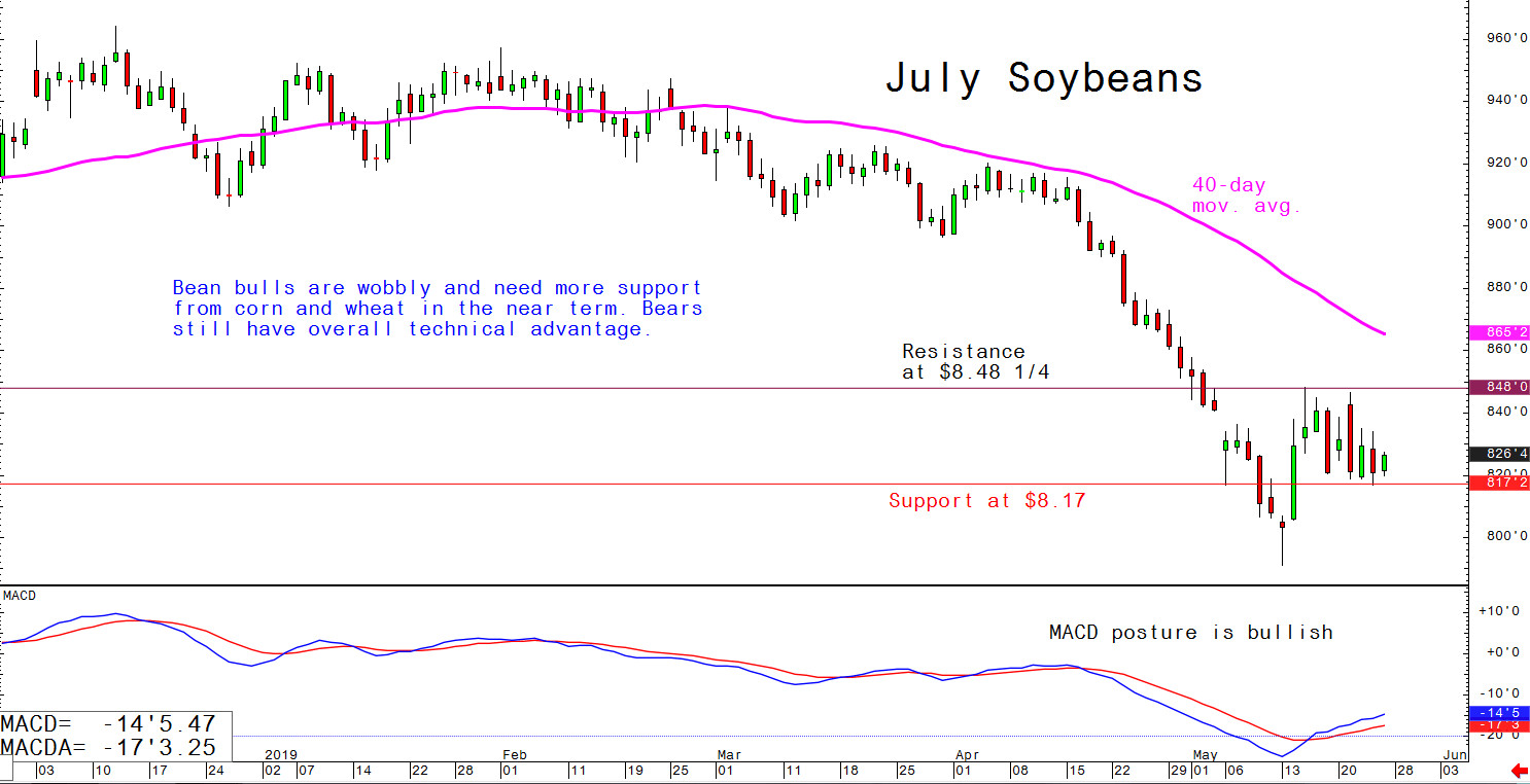 Bean bulls are wobbly and need more support from corn and wheat in the near term. Bears still have overall technical advantage