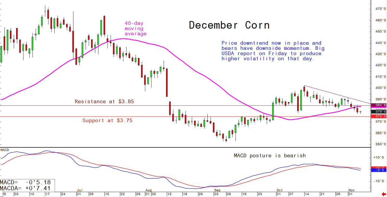 Price downtrend now in place and bears have downside momentum. Big USDA report on Friday to produce higher volatility on that day