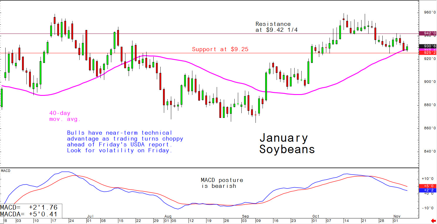 Bulls have near-term technical advantage as trading turns choppy ahead of Friday's USDA report. Look for volatility on Friday