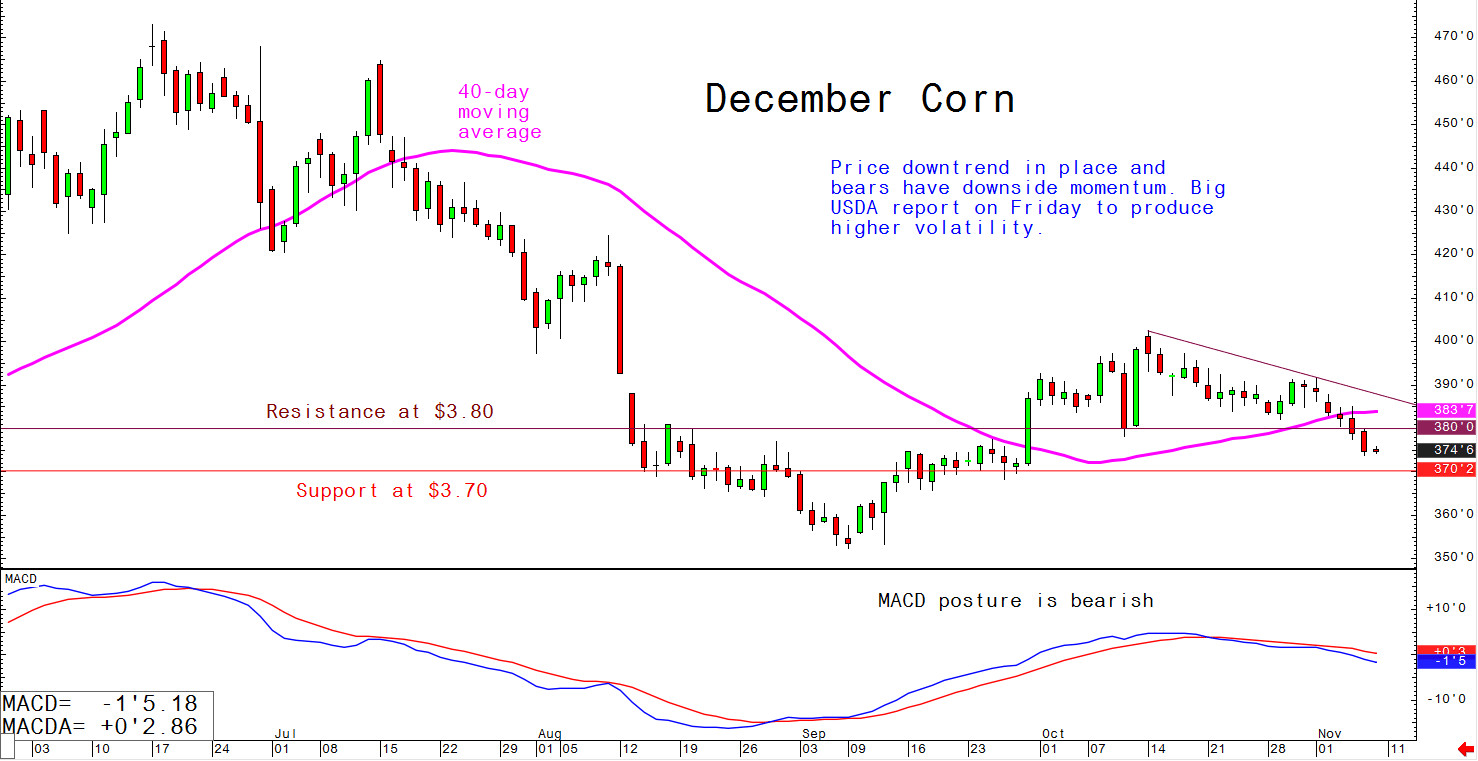 Price downtrend in place and bears have downside momentum. Big USDA report on Friday to produce higher volatility