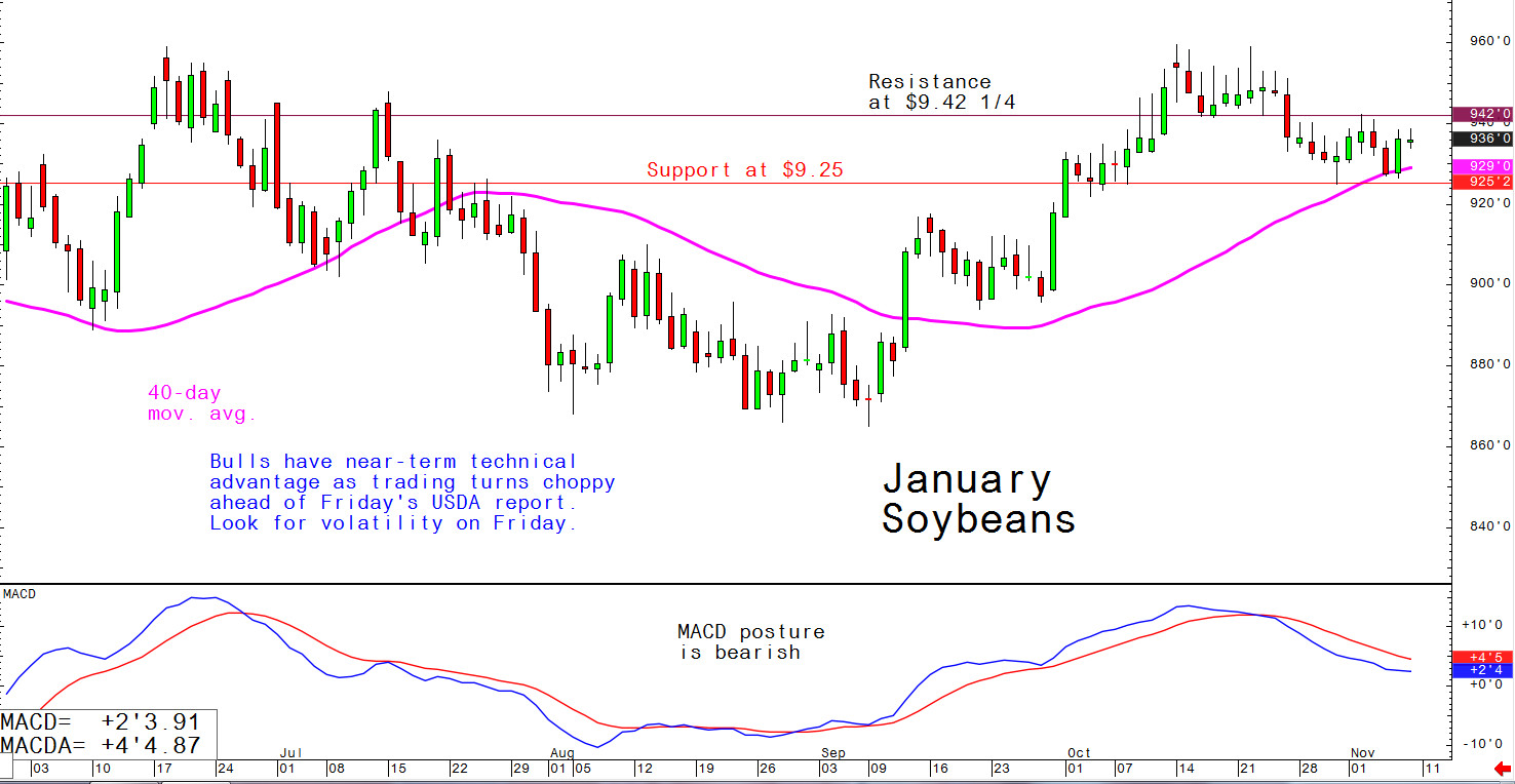 Bulls have near-term technical advantage as trading turns choppy ahead of Friday's USDA report. Look for volatility on Friday