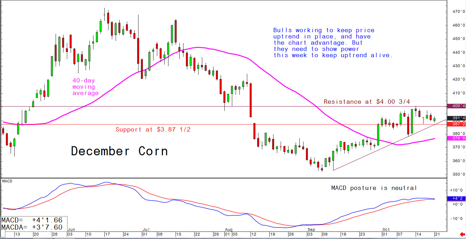 Bulls working to keep price uptrend in place, and have the chart advantage. But they need to show power this week to keep uptrend alive