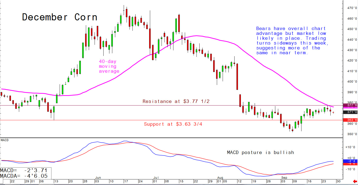 Bears have overall chart advantage but market low likely in place. Trading turns sideways this week, suggesting same in near term