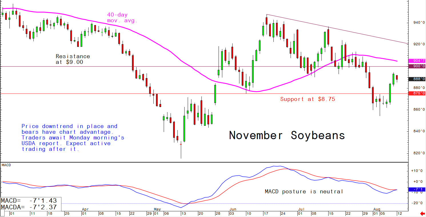 Price downtrend in place and bears have chart advantage. Traders await Monday morning's USDA report. Expect active trading after it