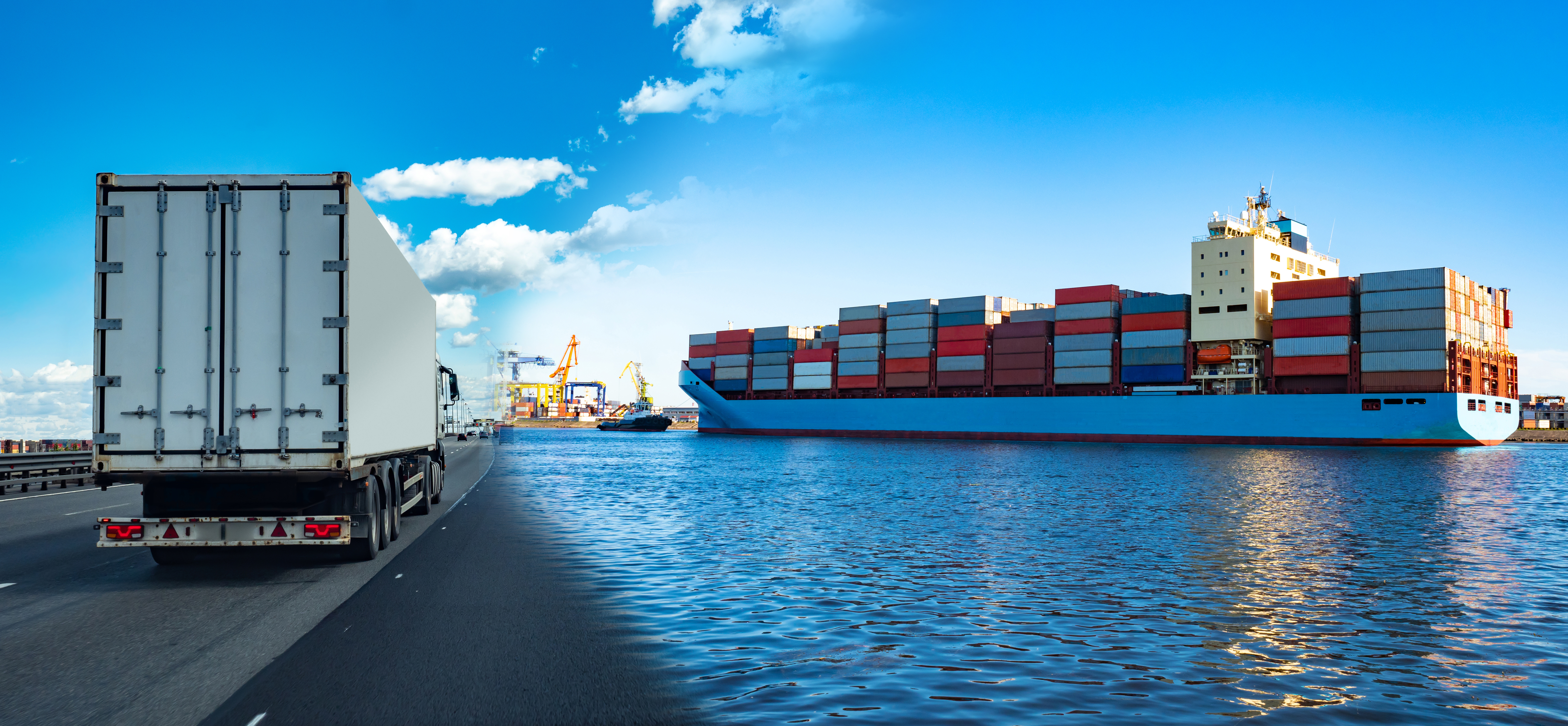 Image showing a truck driving on a road and a container ship coming into a port