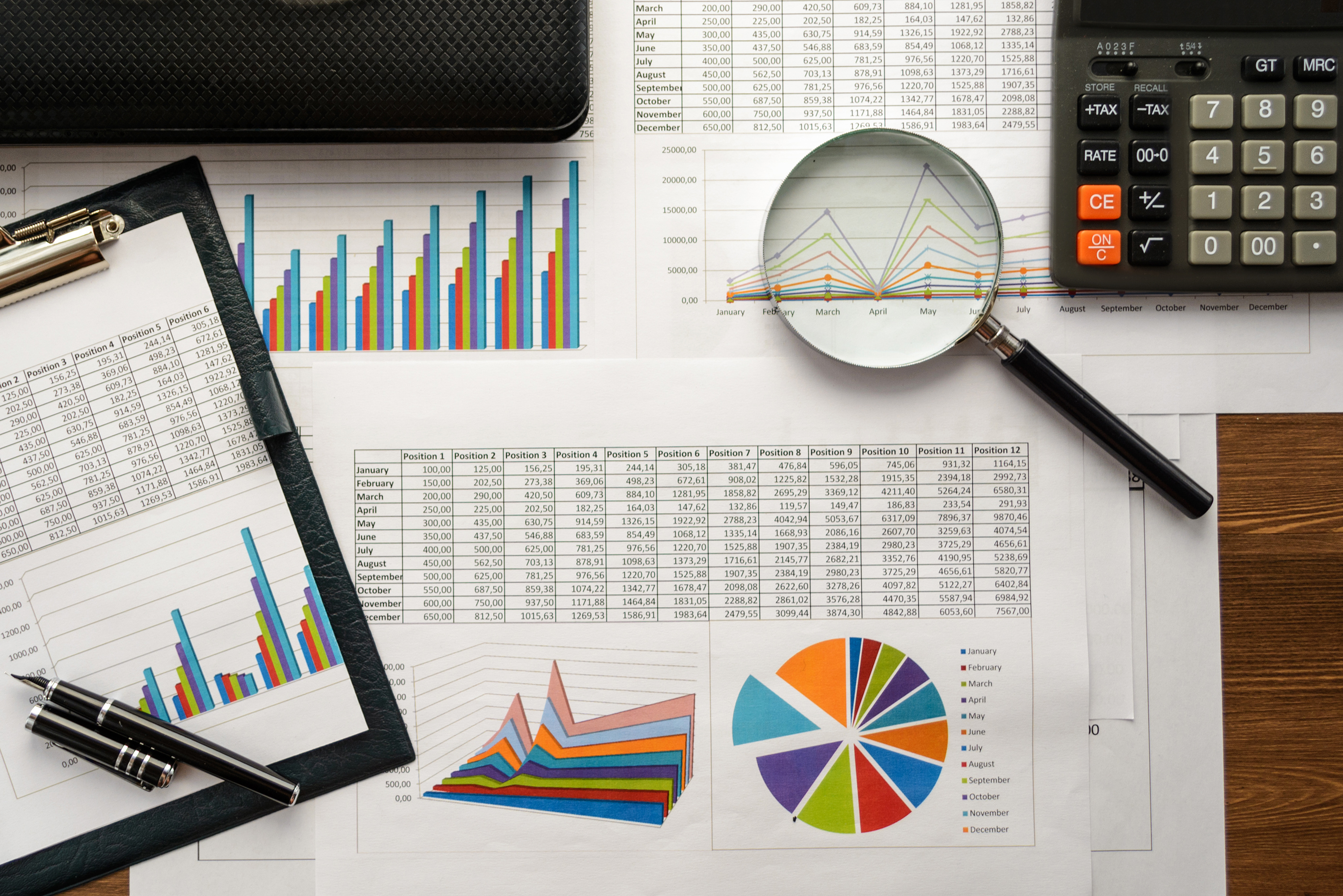 Magnifying glass on top of graphs of commodity trades