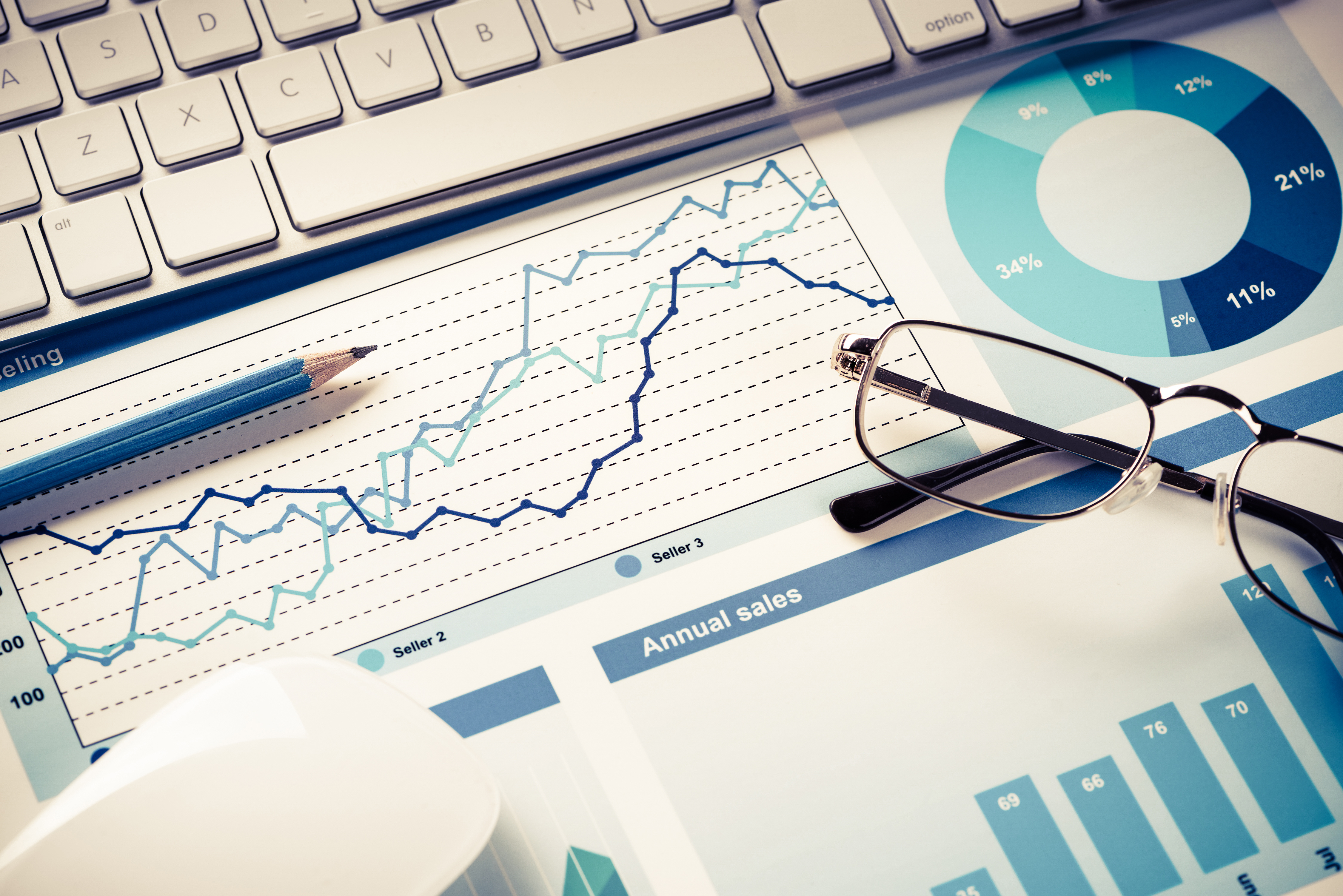 Close-up of long-term trading graphs