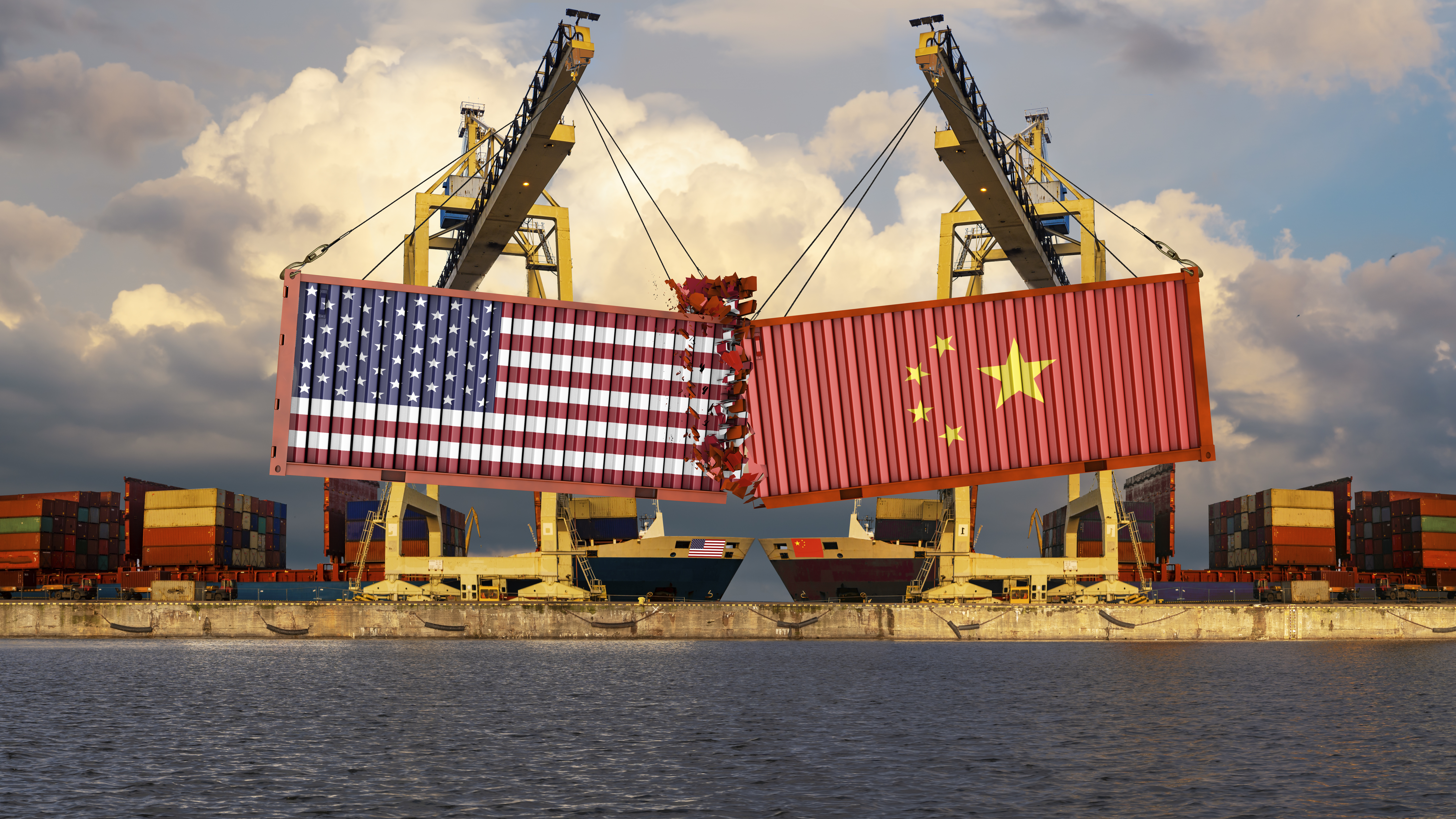 Two shipping containers with the US and Chinese flags on them crashing into one another