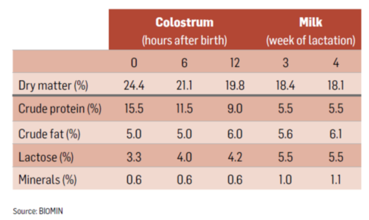 Table 1 - Comparison of nutrient content in sow colostrum and sow milk