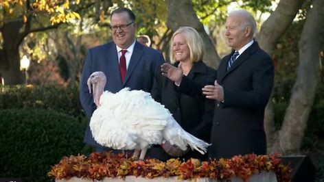 President Joe Biden pardons Peanut Butter. Also shown Indiana turkey grower Andrea Welp and National Turkey Federation Chairman Phil Seger