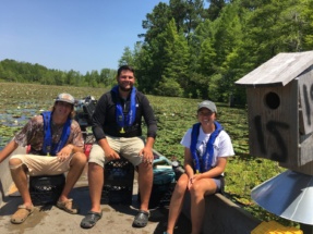 Clemson graduate students Emily Miller (right) and Jacob Shurba, (center), pictured with technician Jake Merendino, completed a pilot study for the project in 2019 on Lake Moultrie, banding and tagging ducklings and hens and are now tracking recruitment rates of ducks using 169 boxes in the study area.