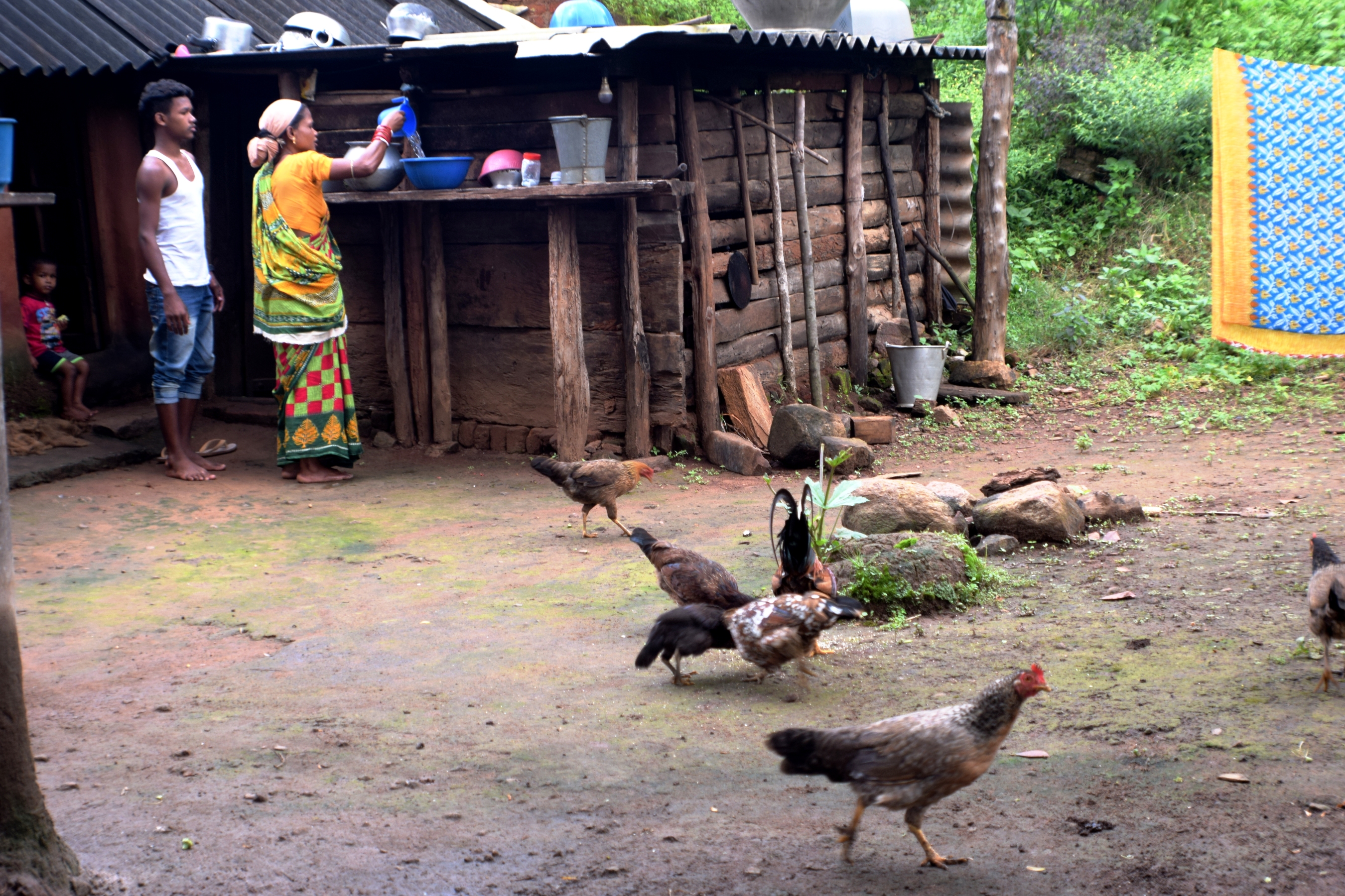 two villagers stand outside a wooden hut with chickens in the yard pecking