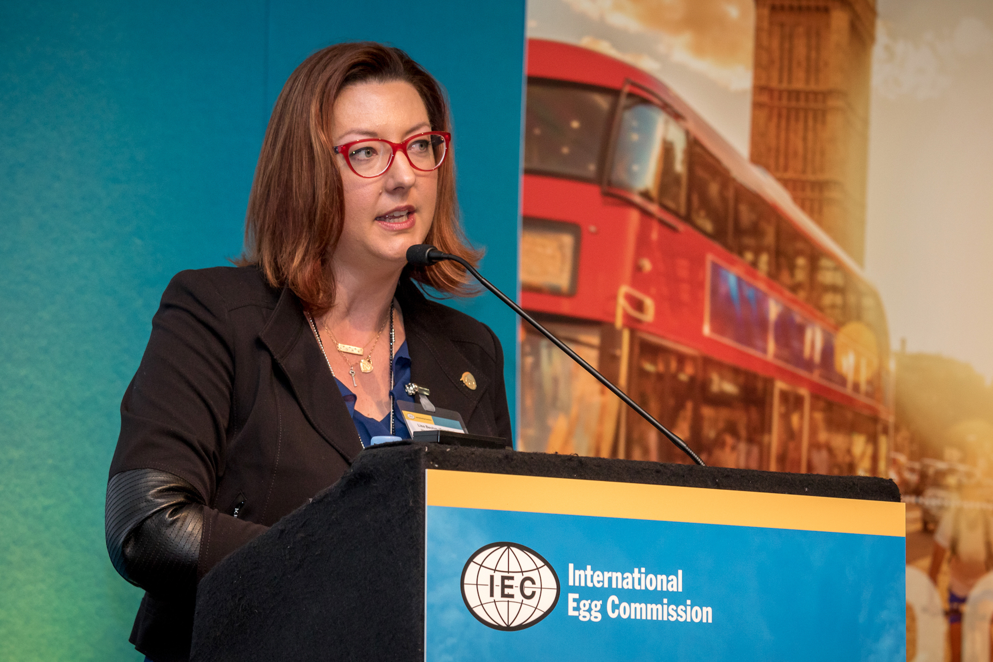 Lisa Beohm speaking at the IEC Business Conference in London, 2018