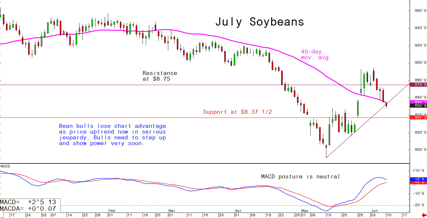 Bean bulls lose chart advantage as price uptrend now in serious jeopardy; bulls need to step up and show power very soon