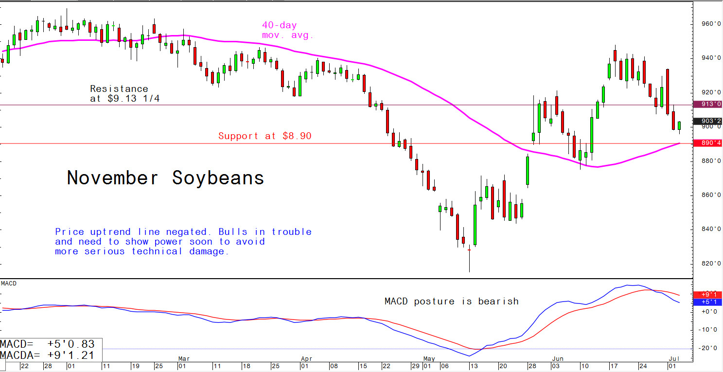 Price uptrend line negated; bulls in trouble and need to show power soon to avoid more serious technical damage