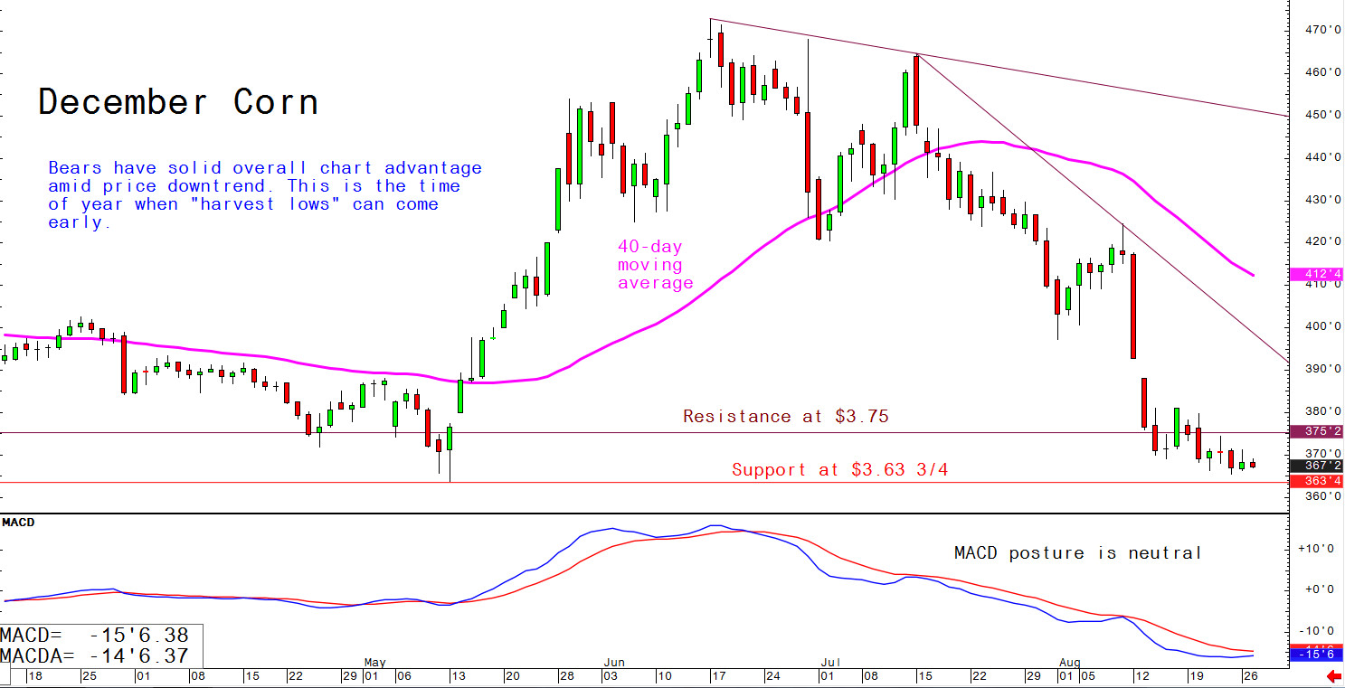 Bears have solid overall chart advantage amid price downtrend; this is the time of year when "harvest lows" can come early