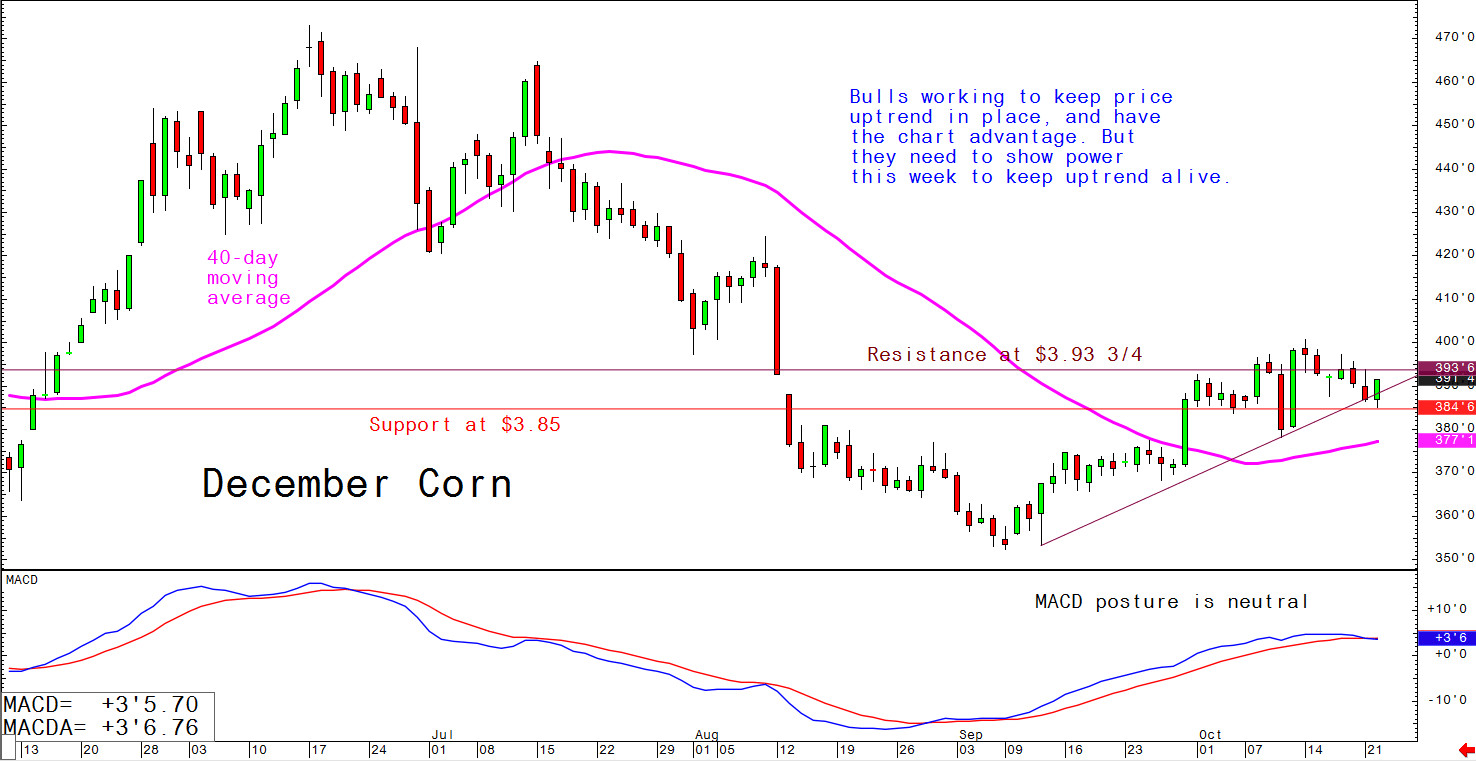 Bulls working to keep price uptrend in place and have the chart advantage, but they need to show power this week to keep uptrend alive